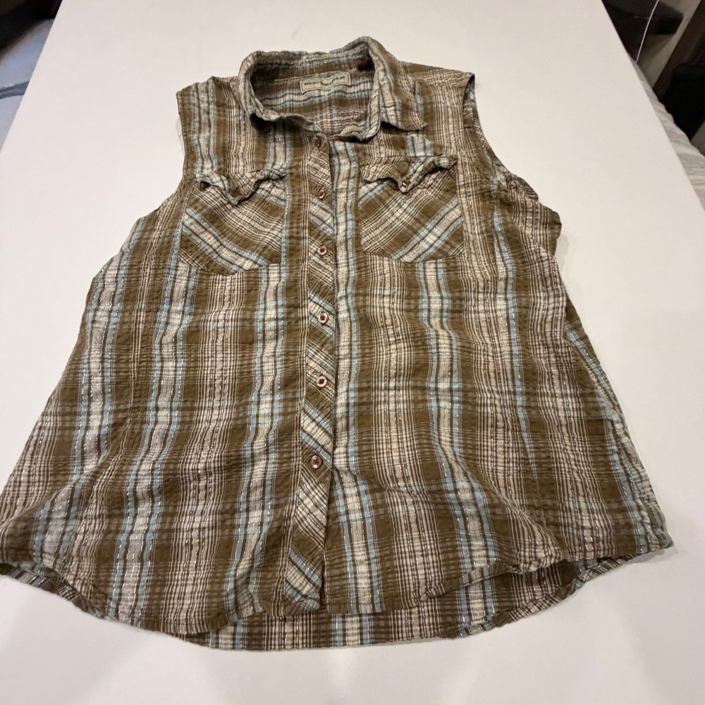 Bit & Bridle Womens XXL Sleeveless Plaid Button Down Shirt Mink Brown Blue Top